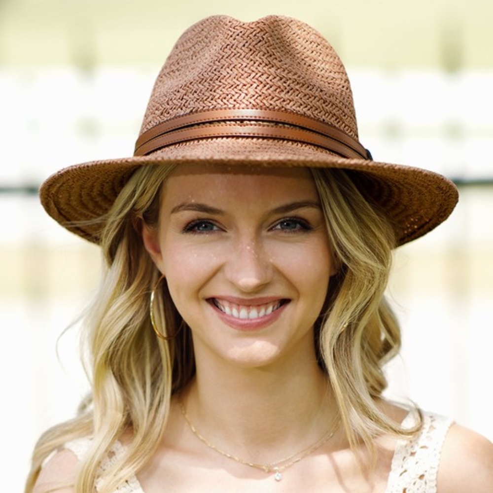SOLD OUT Light Brown Woven Panama Hat w/ Faux Leather Double Band Women's - Picture 1 of 7